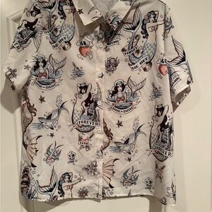 Mermaid Tattoo Print Button Down Shirt